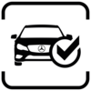 Schwarzes Icon eines Mercedes-Benz von vorne, der mit einem Haken versehen ist