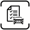 Schwarzes Icon eines Mercedes-Benz von vorne, links daneben eine Checkliste