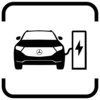 Schwarzes Icon eines vollelektrischen Mercedes-Benz, verbunden mit einer E-Ladesäule
