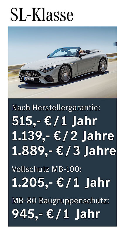 Nach Herstellergarantie: 515 € / 1 Jahr; 1139 € / 2 Jahre; 1889 € / 3 Jahre; Vollschutz MB-100: 1205 € /1 Jahr; MB-80 Baugruppenschutz: 945 € / 1 Jahr SL-Klasse Garantiepaketpreise