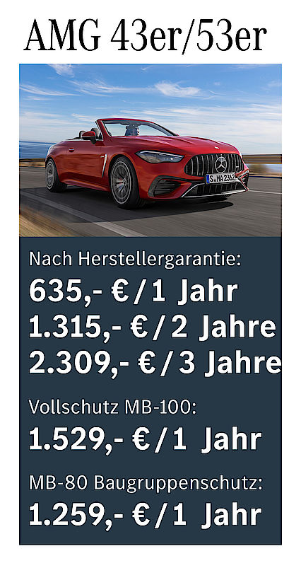 Nach Herstellergarantie: 635 € / 1 Jahr; 1315 € / 2 Jahre; 2309 € / 3 Jahre; Vollschutz MB-100: 1529 € /1 Jahr; MB-80 Baugruppenschutz: 1259 € / 1 Jahr AMG 43er / 53er Garantiepaketpreise