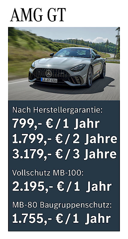 Nach Herstellergarantie: 799 € / 1 Jahr; 1799 € / 2 Jahre; 3179 € / 3 Jahre; Vollschutz MB-100: 2195 € /1 Jahr; MB-80 Baugruppenschutz: 1755 € / 1 Jahr AMG GT Garantiepaketpreise